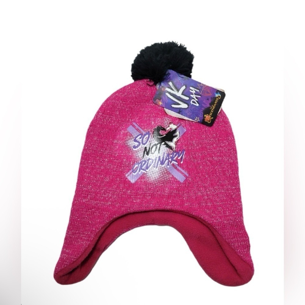 Disney Descendants 3 Girls Beanie Hat Pink Metallic Knit Pom Pom Ear Flaps NEW